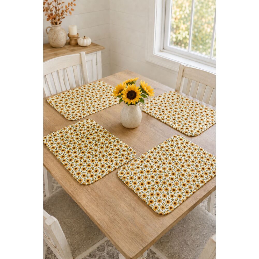 Vintage Sunflower Quilted Fabric Placemats Set of 4 Cottagecore Table Decor